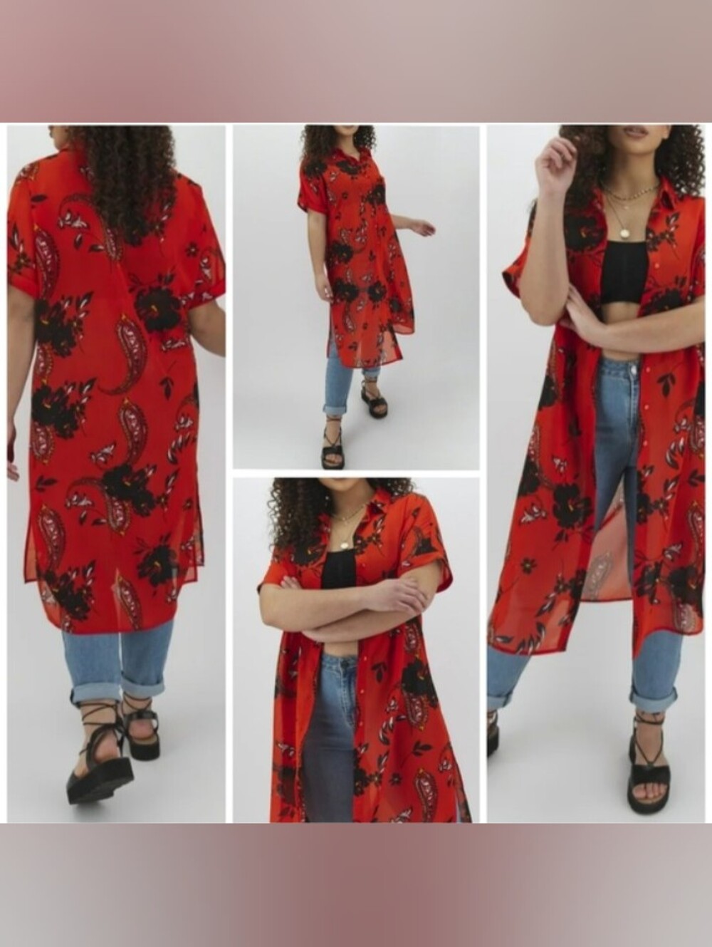 Orange Boho Maxi Shirt Dress Modern Autumn Fall Streetwear Black Floral Paisley